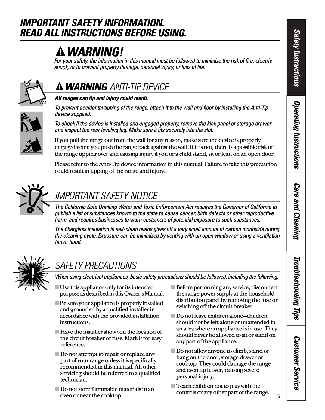 GE RB754 Important Safety Information, Read All Instructions Before Using, Warning Anti-Tipdevice, Important Safety Notice 