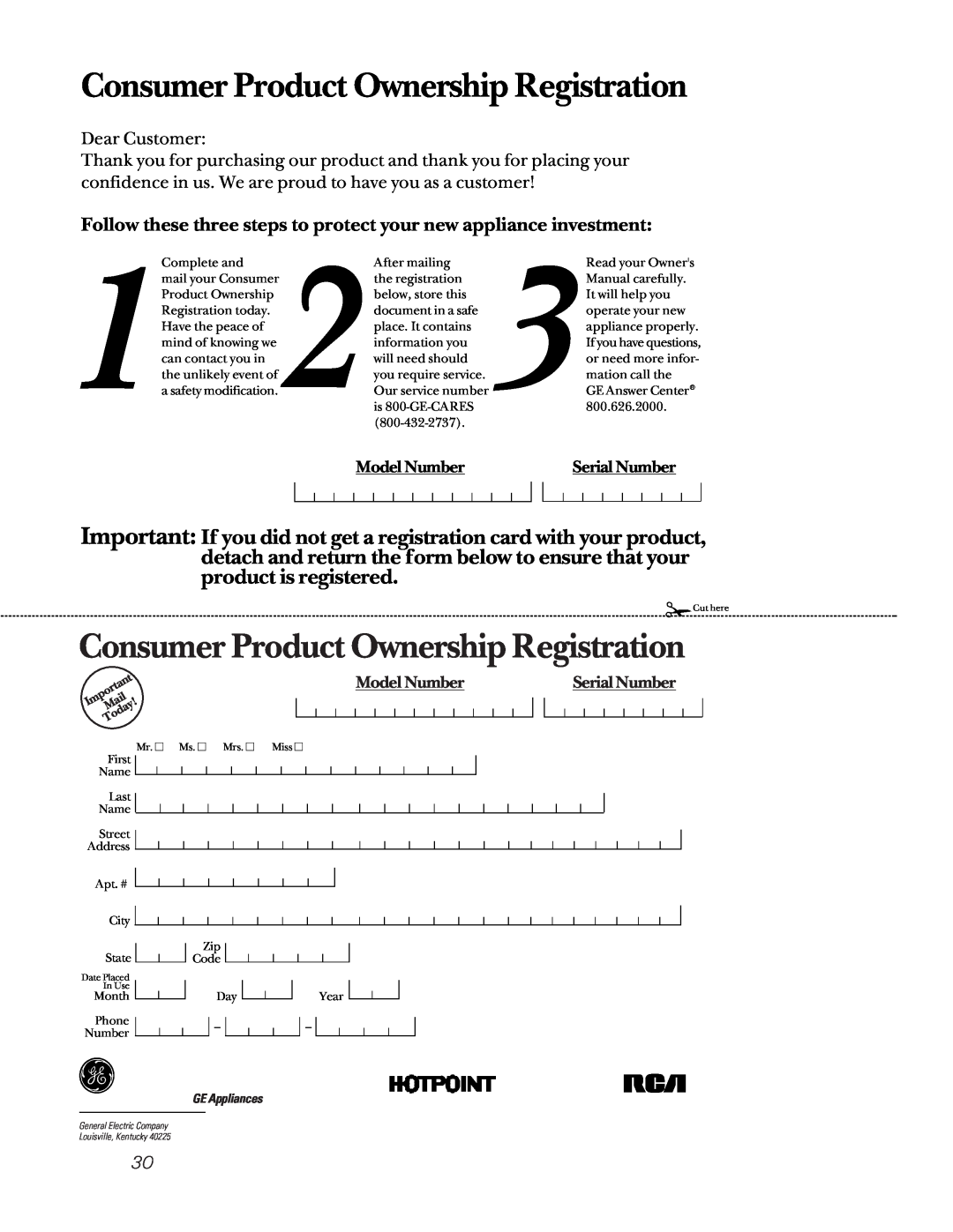 GE JBP58, JBP61, RB756, RB755, RB754 manual Consumer Product Ownership Registration, Model Number, Serial Number, GE Appliances 