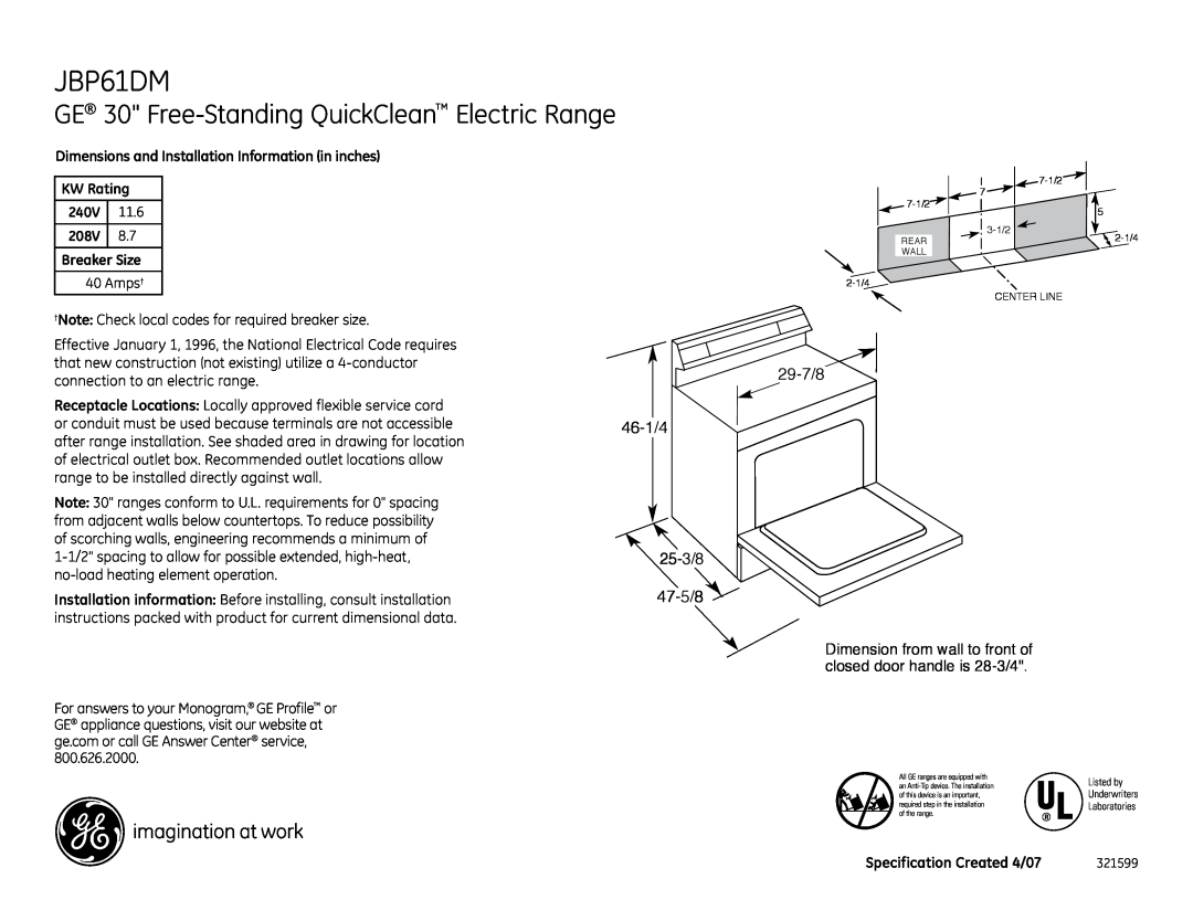 GE JBP61DM installation instructions GE 30 Free-Standing QuickClean Electric Range, 29-7/8 46-1/4 25-3/8 47-5/8, 240V 