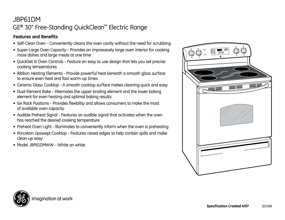 GE JBP61DM installation instructions GE 30 Free-Standing QuickClean Electric Range, Features and Benefits 