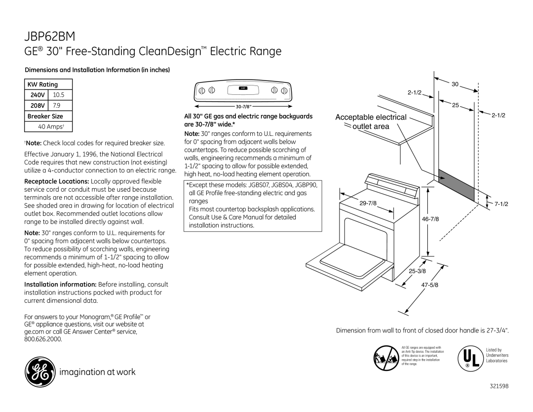 GE JBP62BMWH dimensions GE 30 Free-Standing CleanDesign Electric Range, Acceptable electrical Outlet area 