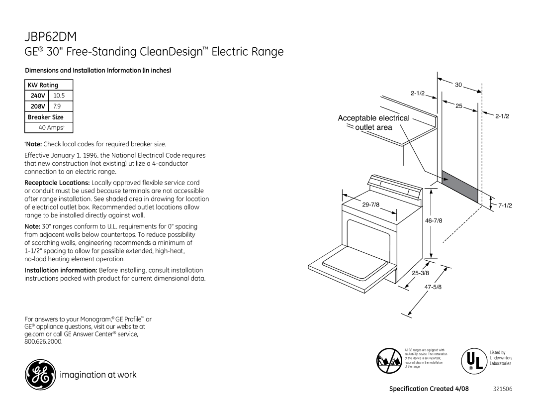 GE JBP62DM installation instructions GE 30 Free-Standing CleanDesign Electric Range, Acceptable electrical Outlet area 