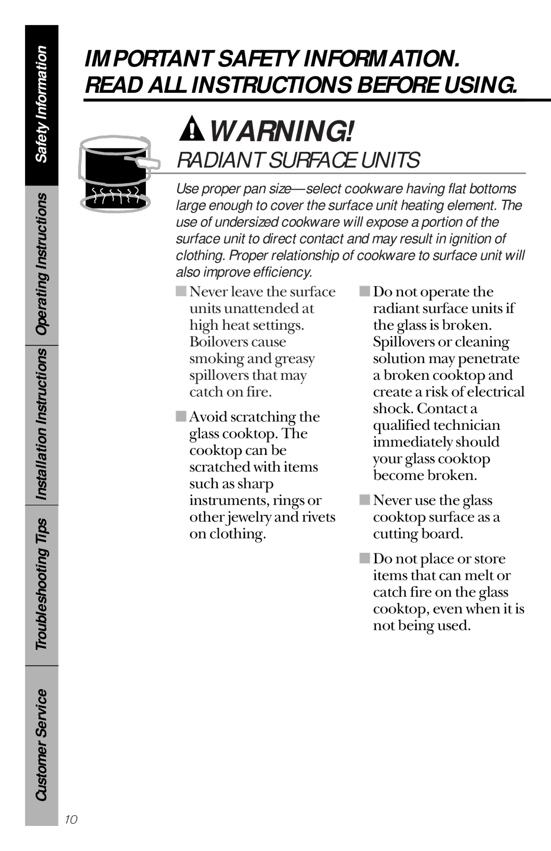 GE JBP76, JBP63, JBP77, JBP75 owner manual Radiant Surface Units 