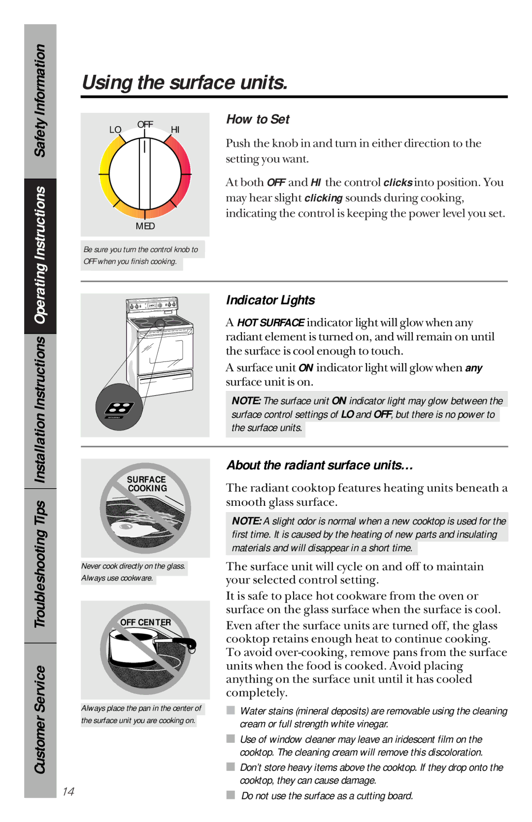 GE JBP76, JBP63, JBP77, JBP75 Using the surface units, How to Set, Indicator Lights, About the radiant surface units… 