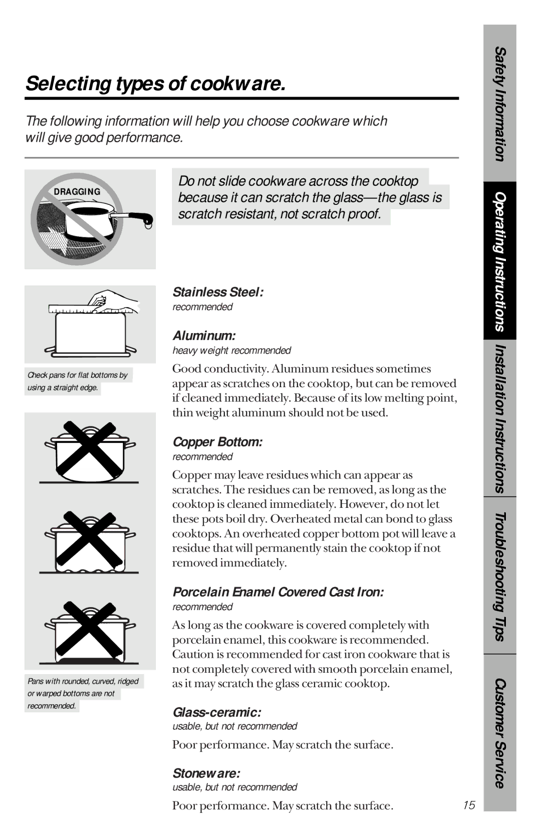 GE JBP75, JBP63, JBP77, JBP76 owner manual Selecting types of cookware 