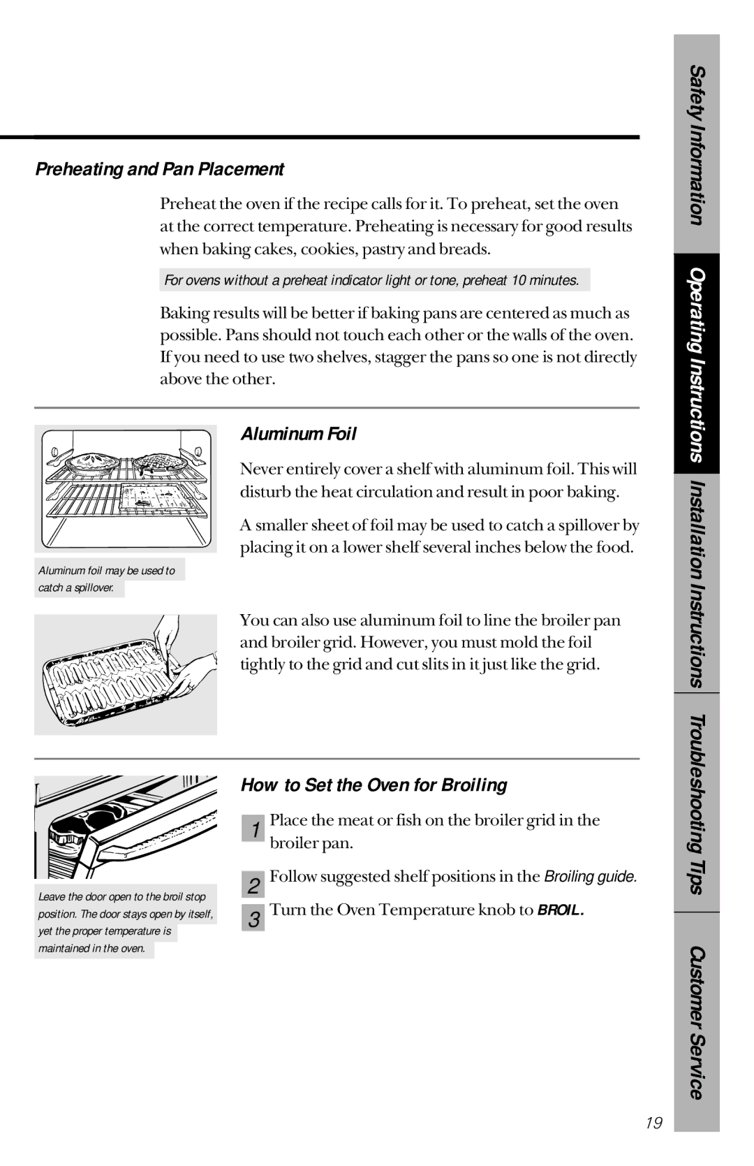 GE JBP75, JBP63, JBP77, JBP76 owner manual Preheating and Pan Placement, Aluminum Foil, How to Set the Oven for Broiling 