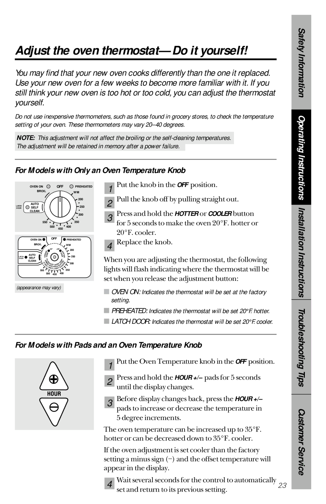 GE JBP75, JBP63, JBP77 For Models with Only an Oven Temperature Knob, For Models with Pads and an Oven Temperature Knob 