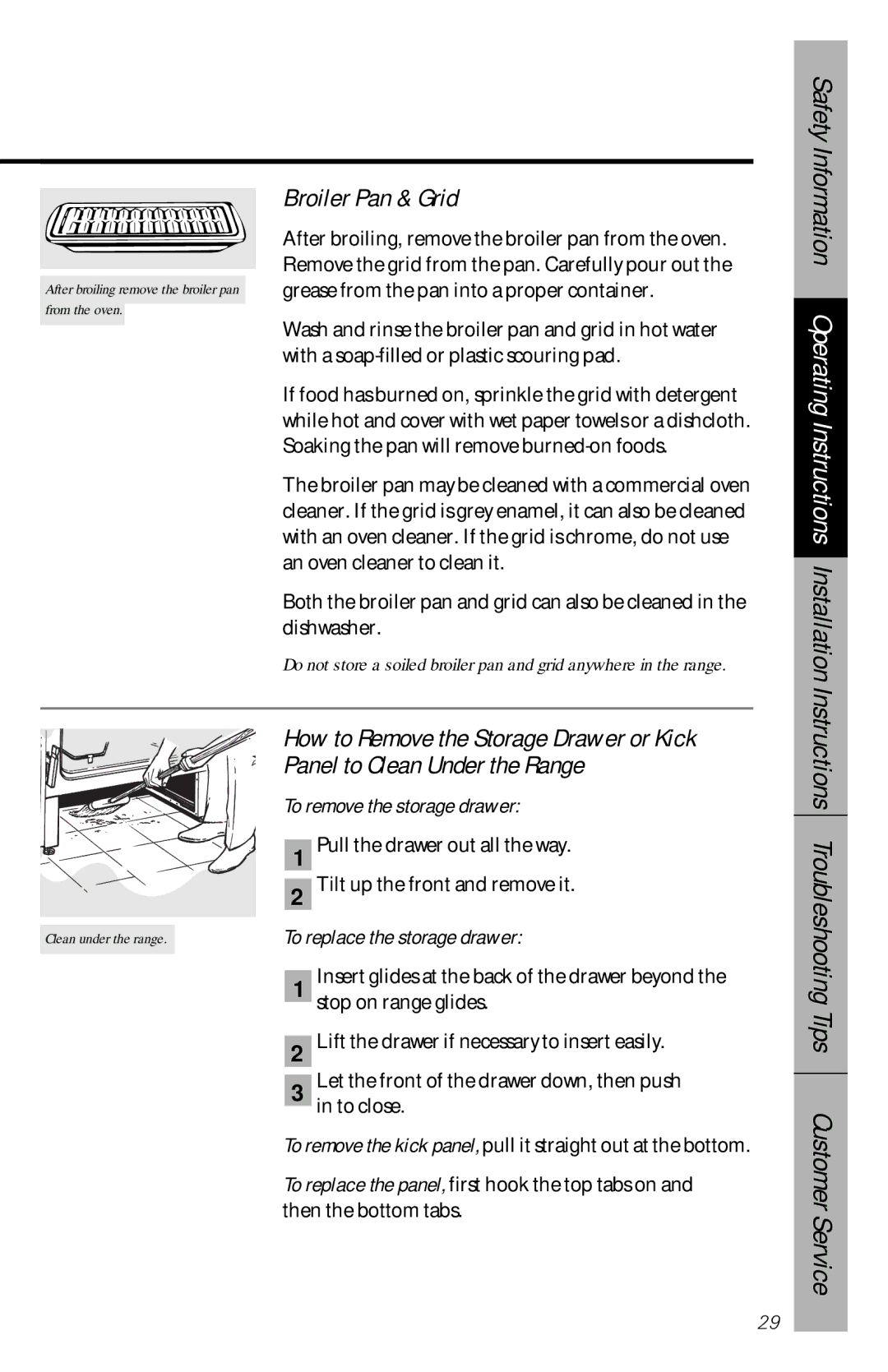 GE JBP77, JBP63, JBP76, JBP75 owner manual Broiler Pan & Grid, To remove the storage drawer, To replace the storage drawer 