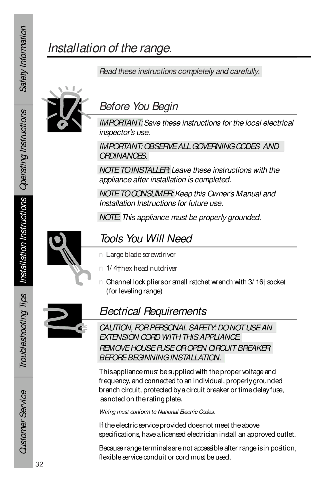 GE JBP63, JBP77, JBP76, JBP75 owner manual Installation of the range, Wiring must conform to National Electric Codes 