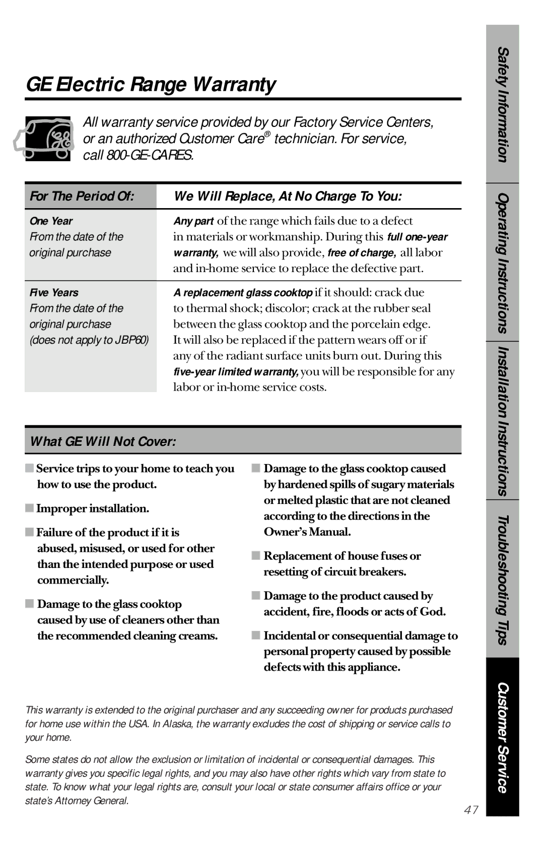 GE JBP75, JBP63, JBP77 GE Electric Range Warranty, We Will Replace, At No Charge To You, What GE Will Not Cover, One Year 