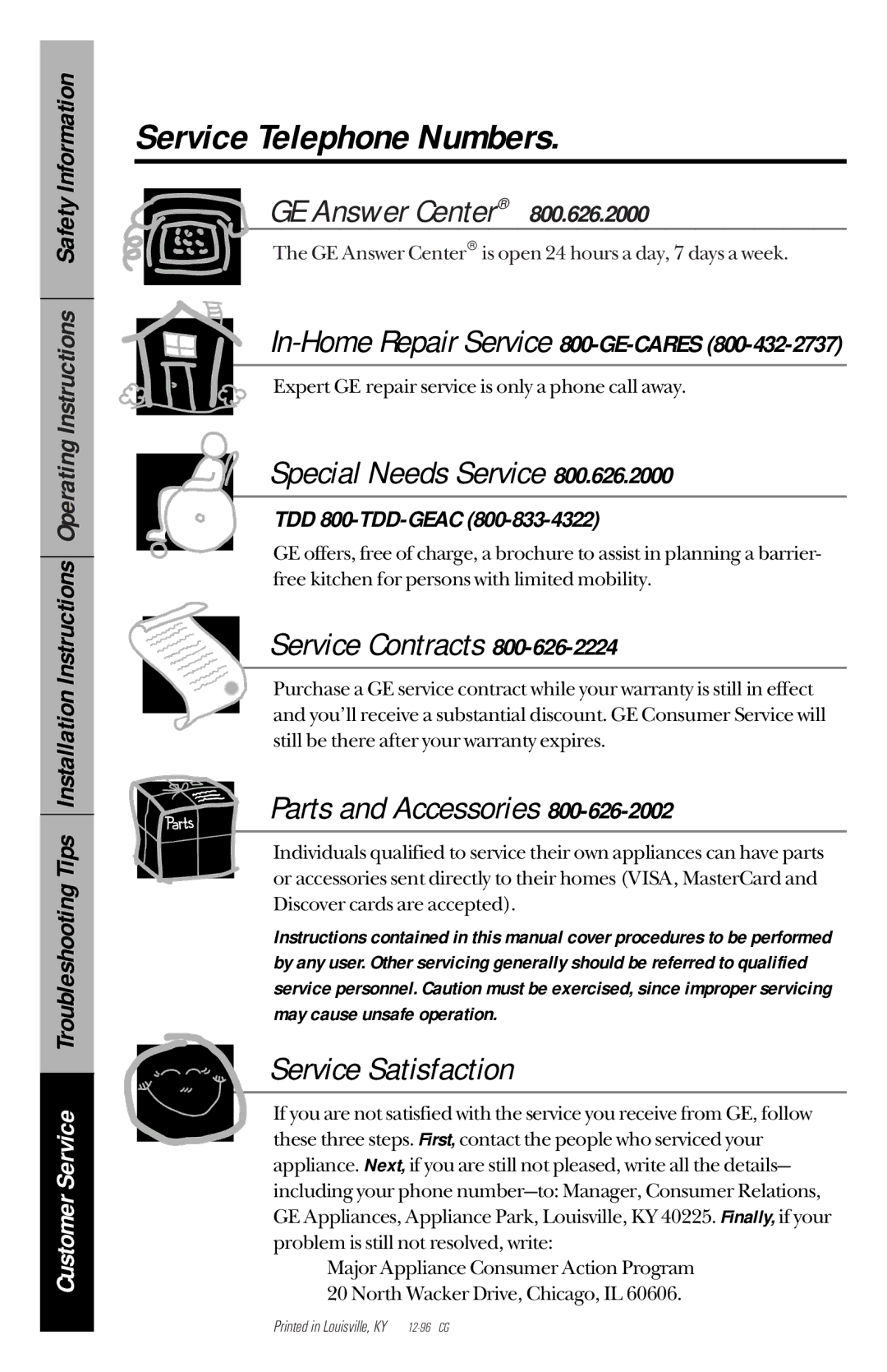 GE JBP63, JBP77, JBP76, JBP75 owner manual Service Telephone Numbers, In-Home Repair Service 800-GE-CARES, TDD 800-TDD-GEAC 