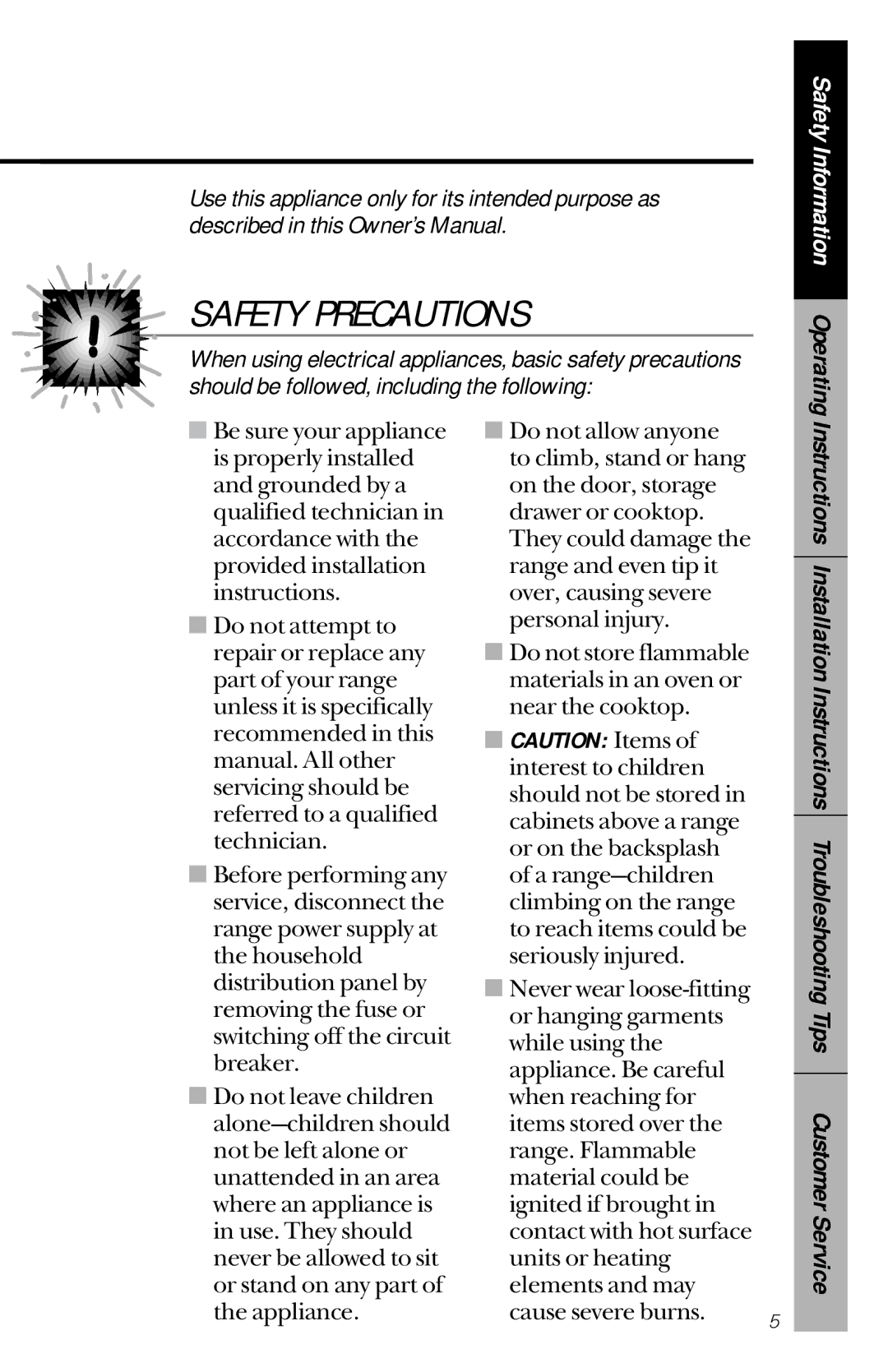 GE JBP77, JBP63, JBP76, JBP75 owner manual Safety Precautions 