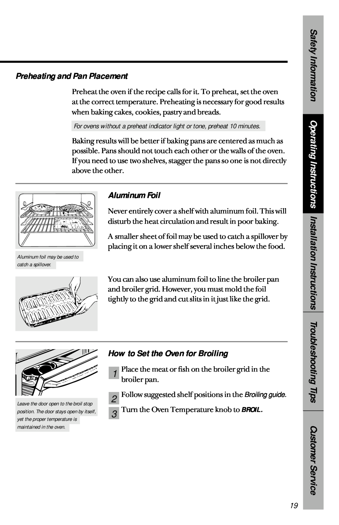 GE JBP75 Safety Information Operating Instructions Installation Instructions, Preheating and Pan Placement, Aluminum Foil 