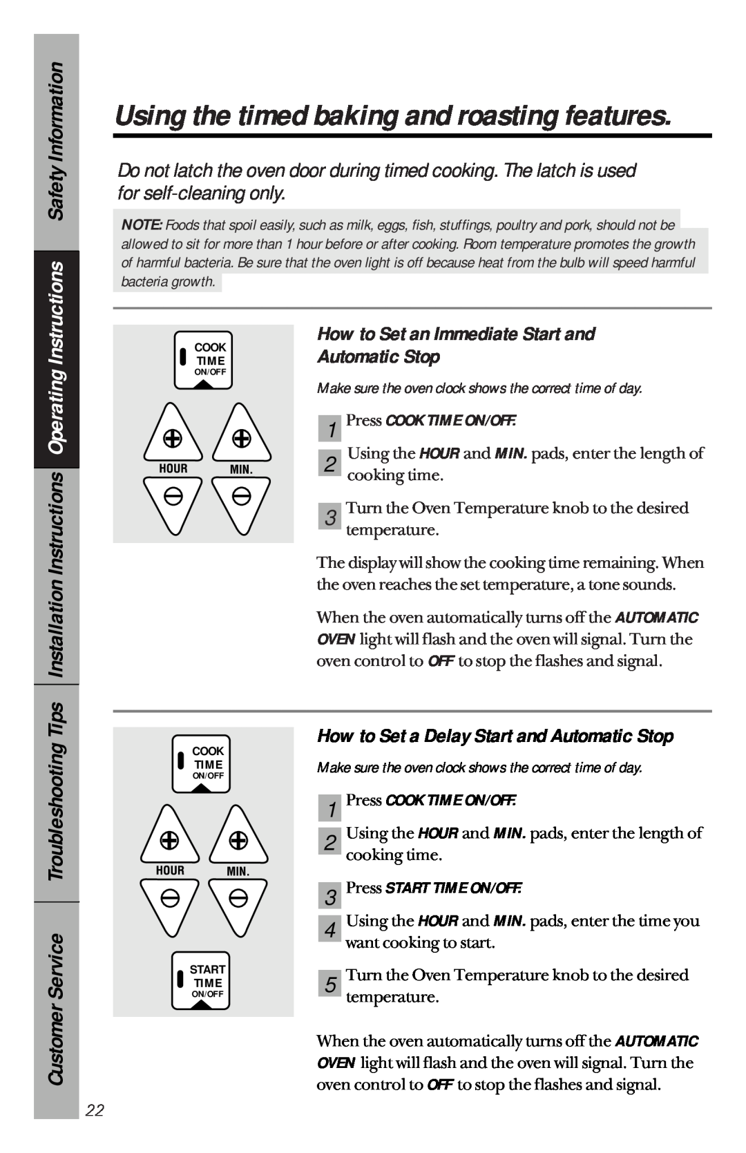 GE JBP76 Using the timed baking and roasting features, How to Set a Delay Start and Automatic Stop, Cook, Time, On/Off 