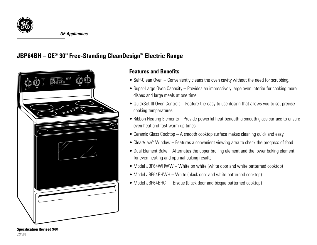 GE JBP64BH dimensions Features and Benefits 