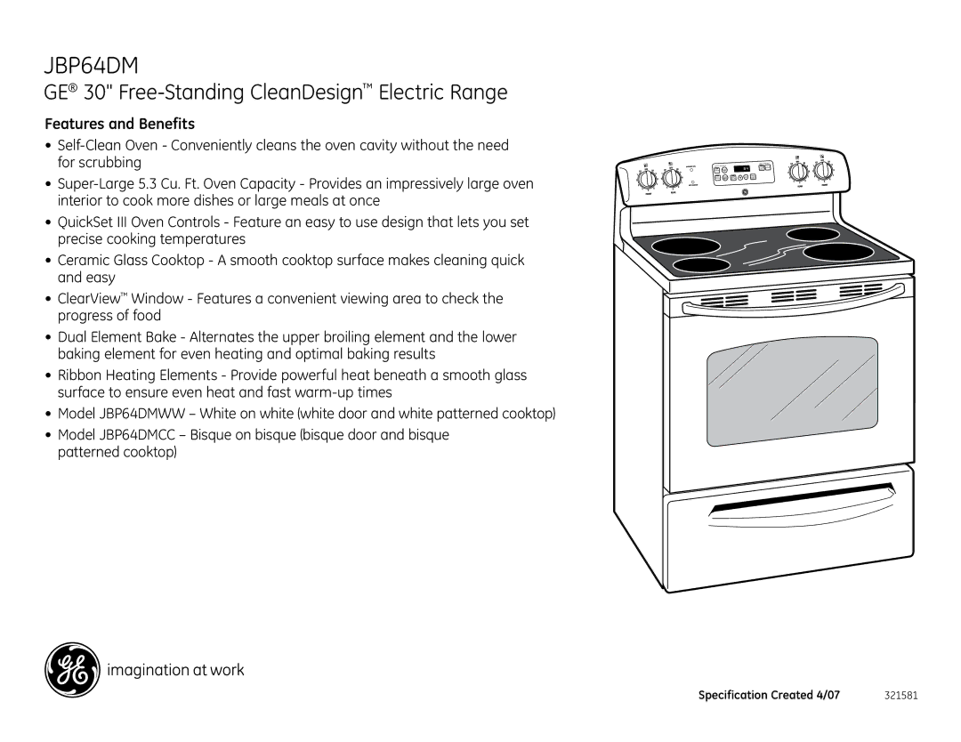 GE JBP64DM installation instructions Features and Benefits 