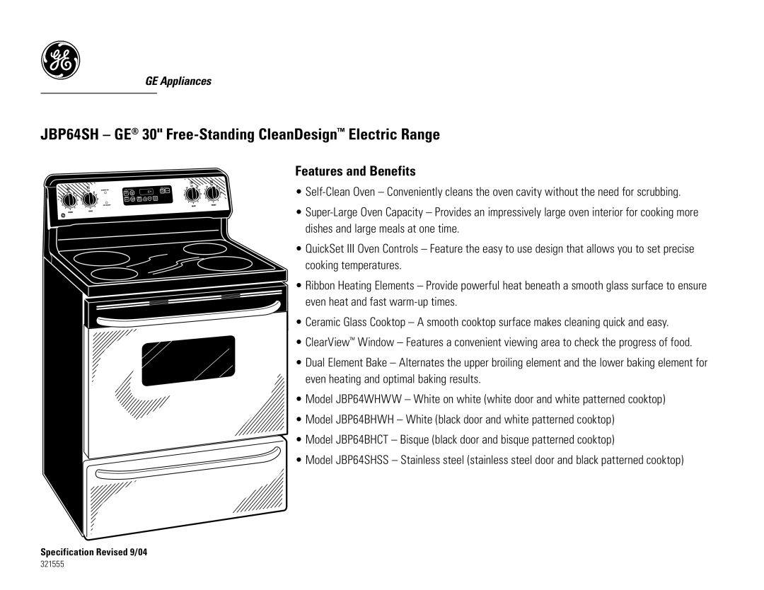 GE JBP64SH dimensions Features and Benefits 