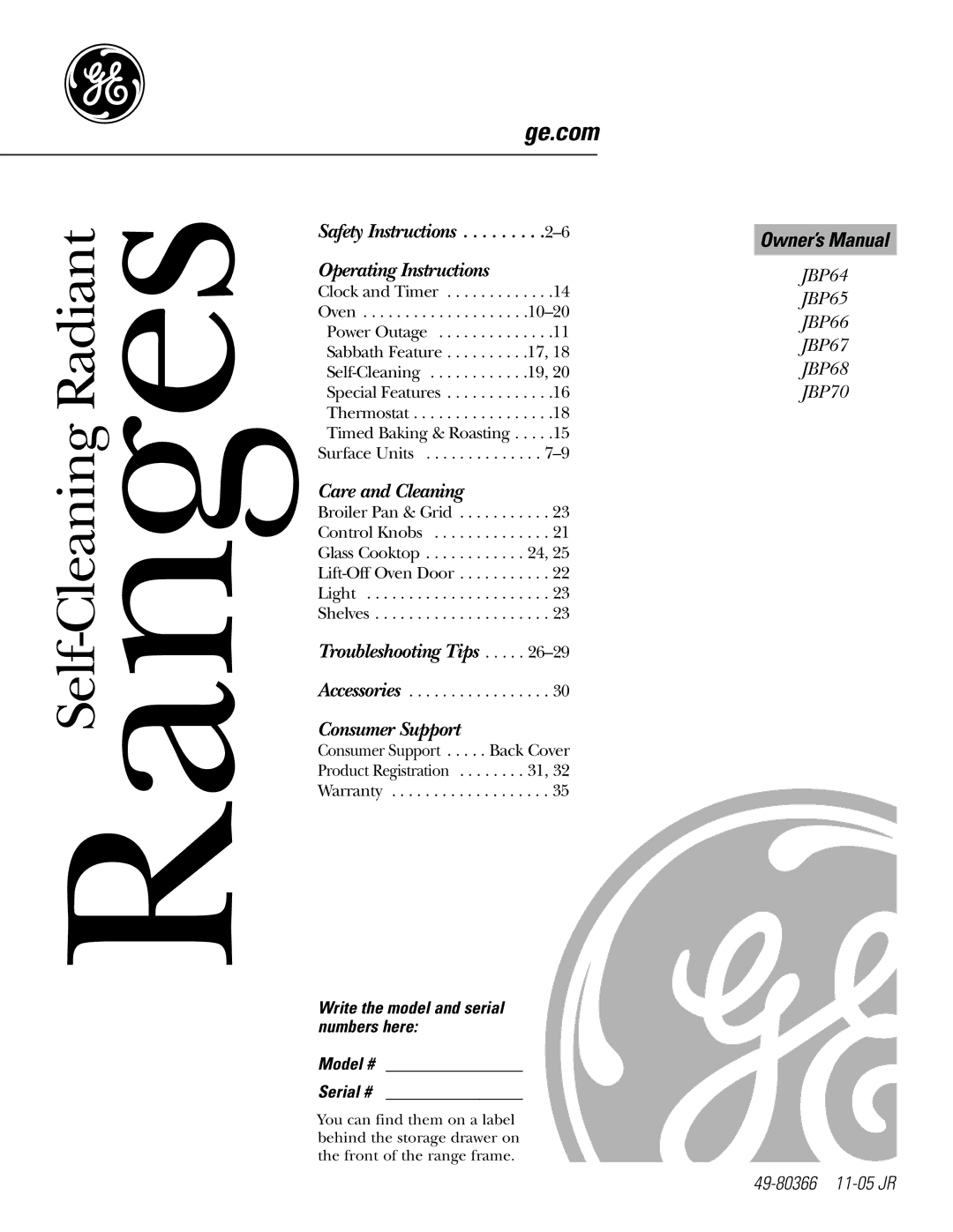 GE JBP64, JBP65 owner manual RangesSelf-Cleaning Radiant, Write the model and serial numbers here Model # Serial # 