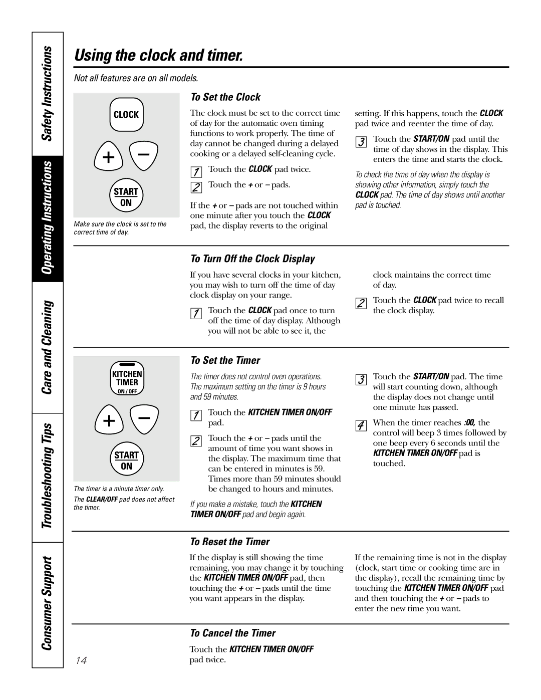 GE JBP64, JBP65, JBP66, JBP67, JBP68, JBP70 owner manual Using the clock and timer, Cleaning, Troubleshooting Tips Care 