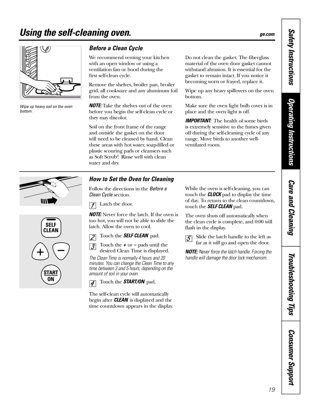 GE JBP64 Using the self-cleaning oven, Care and Cleaning Troubleshooting Tips Consumer Support, Before a Clean Cycle 