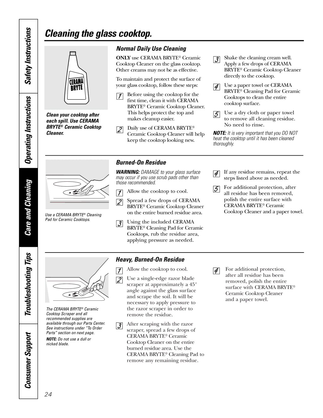 GE JBP65, JBP64 Cleaning the glass cooktop, Operating Instructions Safety, Normal Daily Use Cleaning, Burned-On Residue 