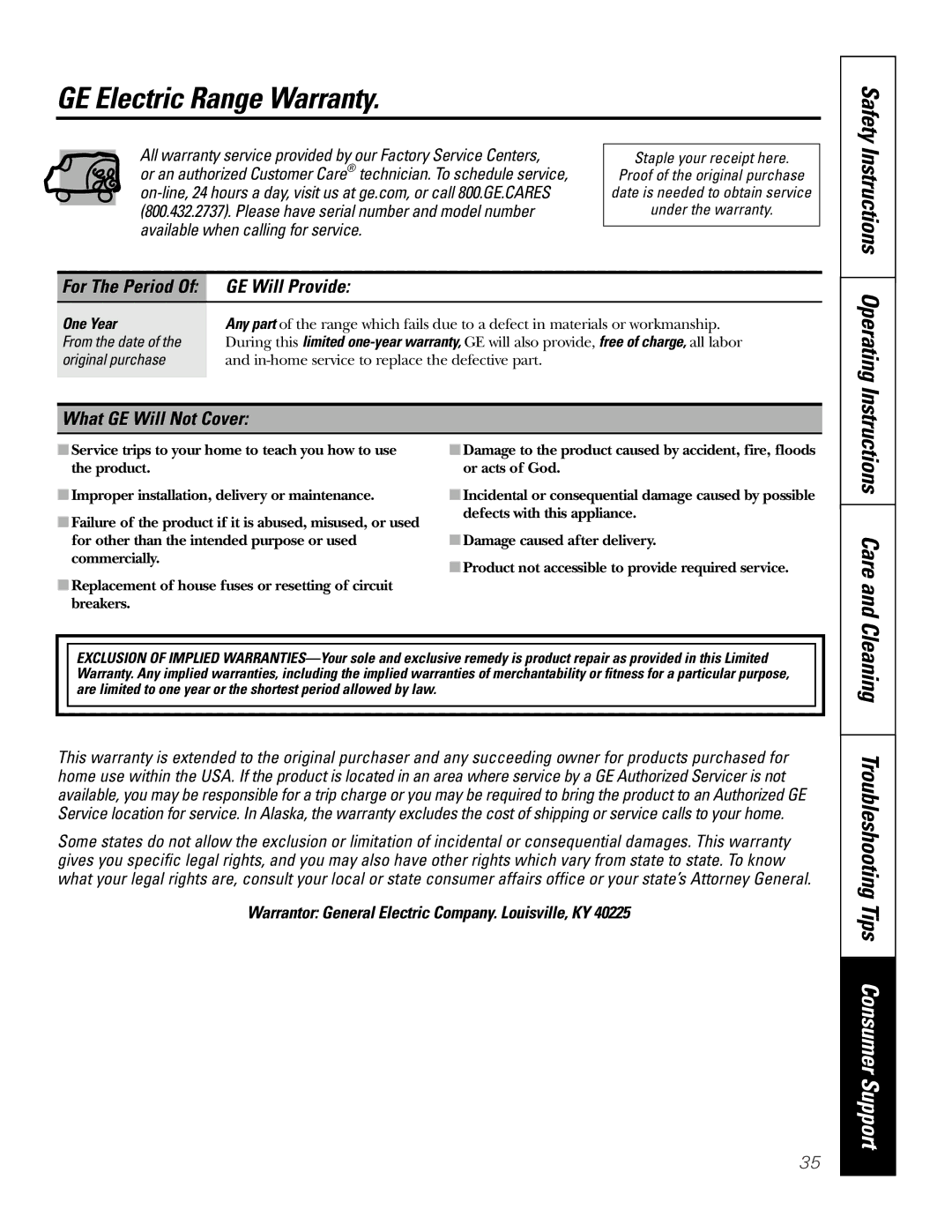 GE JBP64, JBP65, JBP66, JBP67, JBP68, JBP70 GE Electric Range Warranty, Cleaning Troubleshooting Tips Consumer Support 