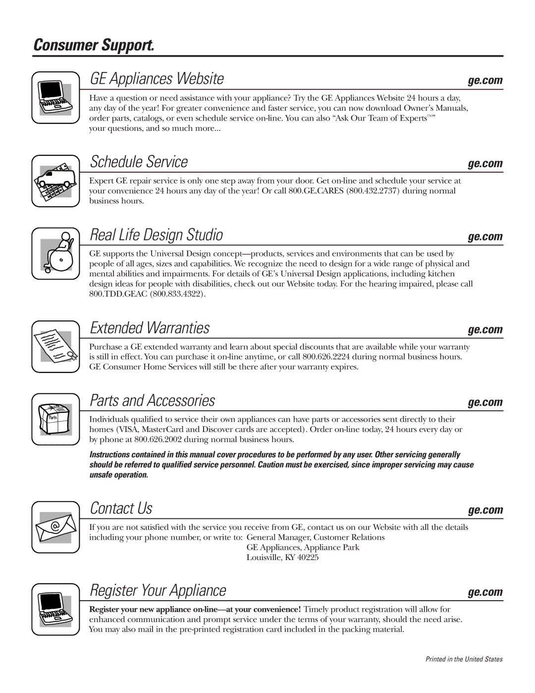 GE JBP65, JBP64 Consumer Support GE Appliances Website, Schedule Service, Real Life Design Studio, Extended Warranties 