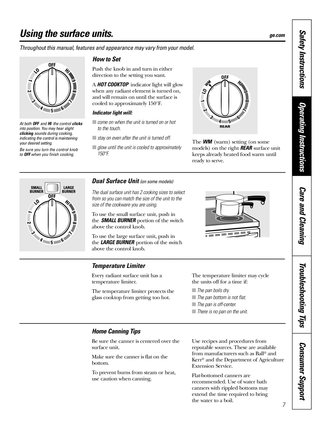 GE JBP64, JBP65, JBP66, JBP67, JBP68, JBP70 owner manual Using the surface units, Safety, Care and Cleaning 