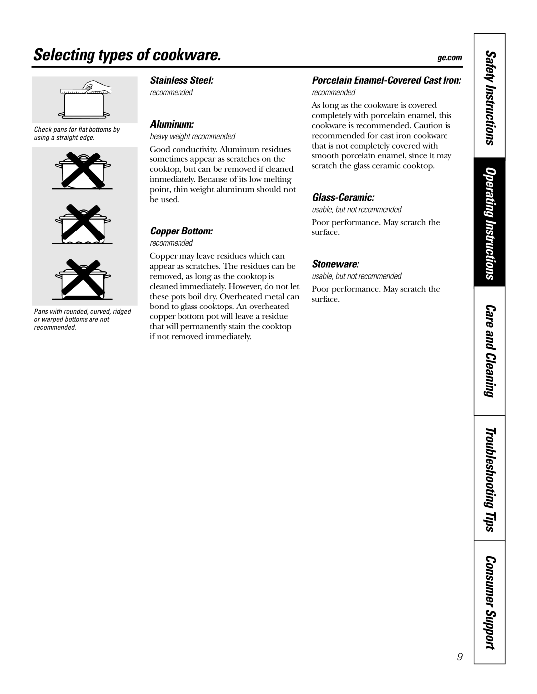 GE JBP64, JBP65, JBP66, JBP67, JBP68, JBP70 owner manual Selecting types of cookware 