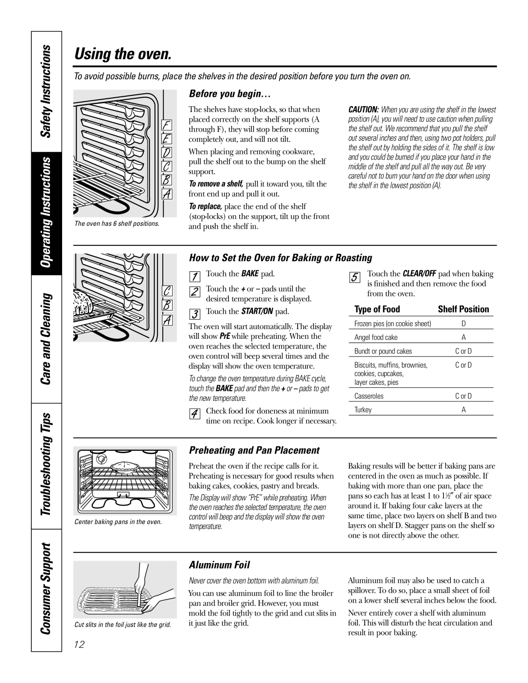 GE JBP65 Tips, Troubleshooting, Operating Instructions, Before you begin…, Preheating and Pan Placement, Aluminum Foil 
