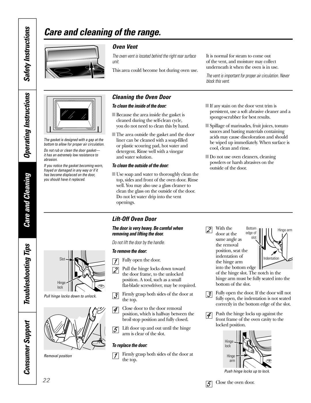 GE JBP64 and Cleaning Operating Instructions, Consumer Support Troubleshooting Tips Care, Oven Vent, Lift-Off Oven Door 