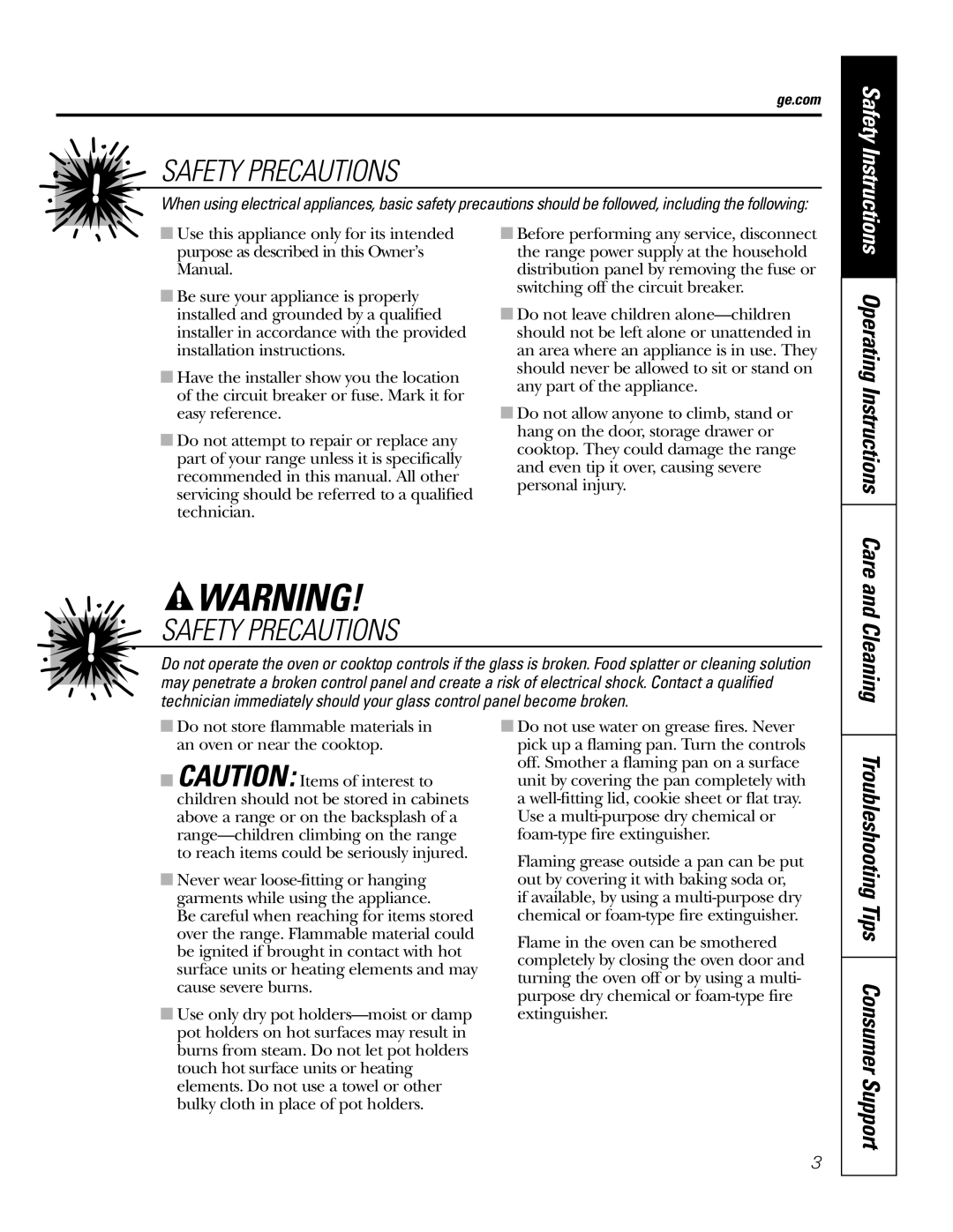 GE JBP65, JBP64 owner manual Safety Precautions, Safety Instructions Operating Instructions Care and Cleaning 