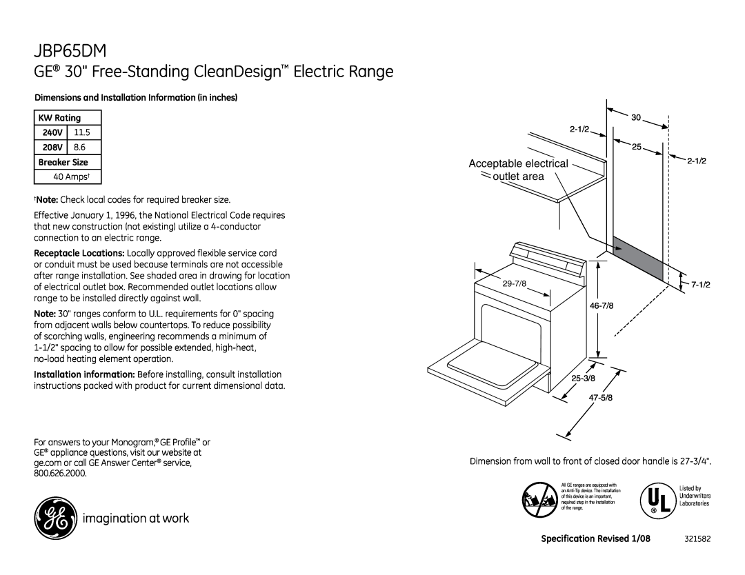 GE JBP65DM installation instructions GE 30 Free-Standing CleanDesign Electric Range, Acceptable electrical outlet area 