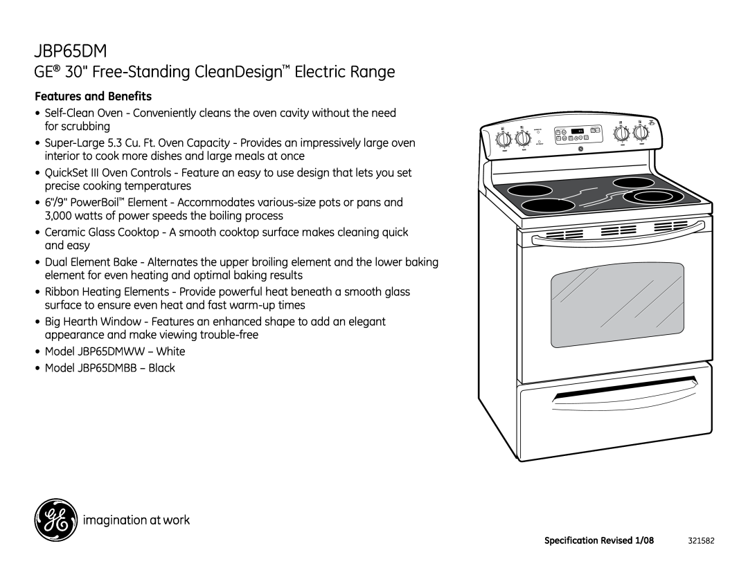 GE JBP65DM installation instructions GE 30 Free-Standing CleanDesign Electric Range, Features and Benefits 