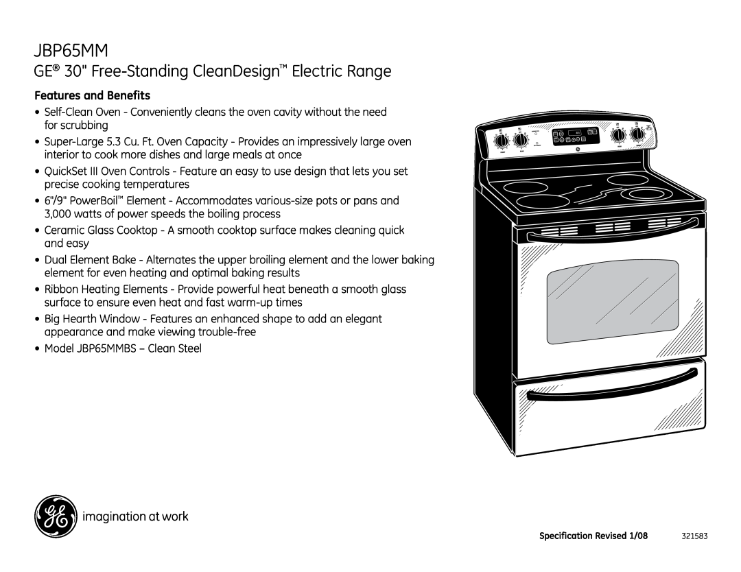 GE JBP65MM installation instructions GE 30 Free-StandingCleanDesign Electric Range, Features and Benefits 