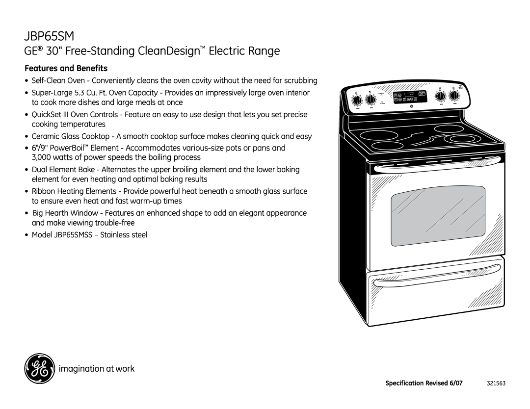 GE JBP65SM installation instructions GE 30 Free-Standing CleanDesign Electric Range, Features and Benefits 