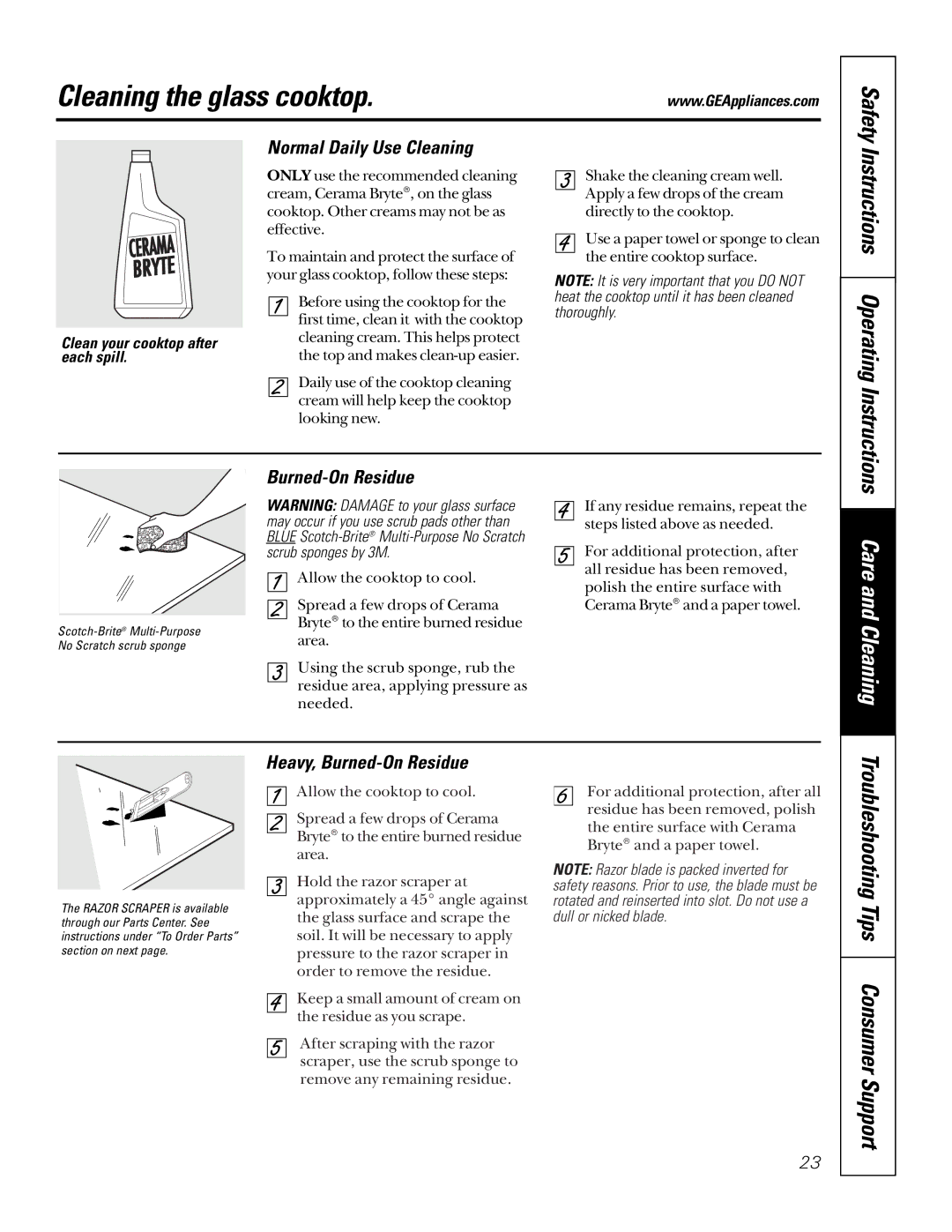 GE JBP65 Cleaning the glass cooktop, Instructions Operating Instructions, Normal Daily Use Cleaning, Burned-On Residue 