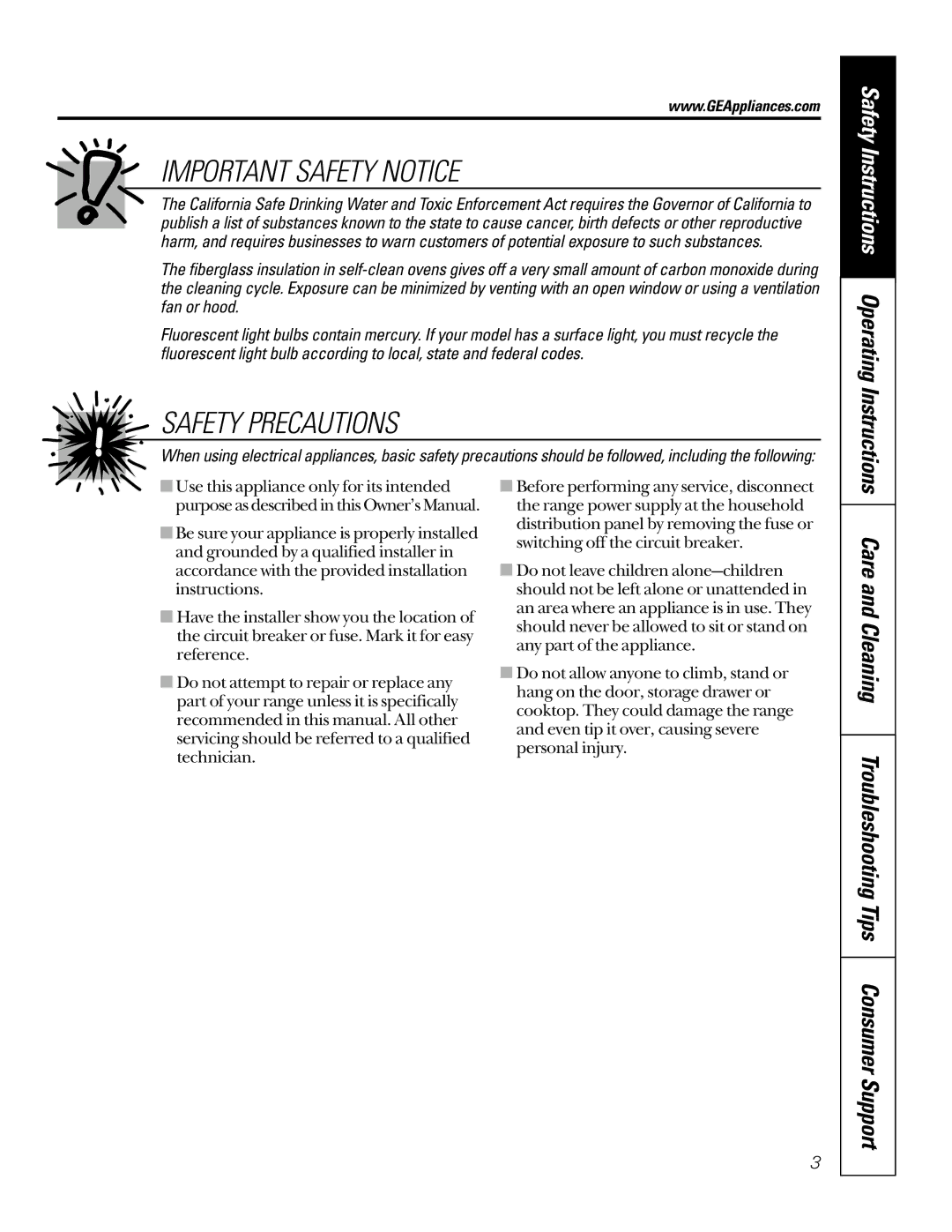 GE JBP64, JBP66, JBP78 Care and Cleaning Troubleshooting Tips Consumer Support, Safety Instructions Operating Instructions 