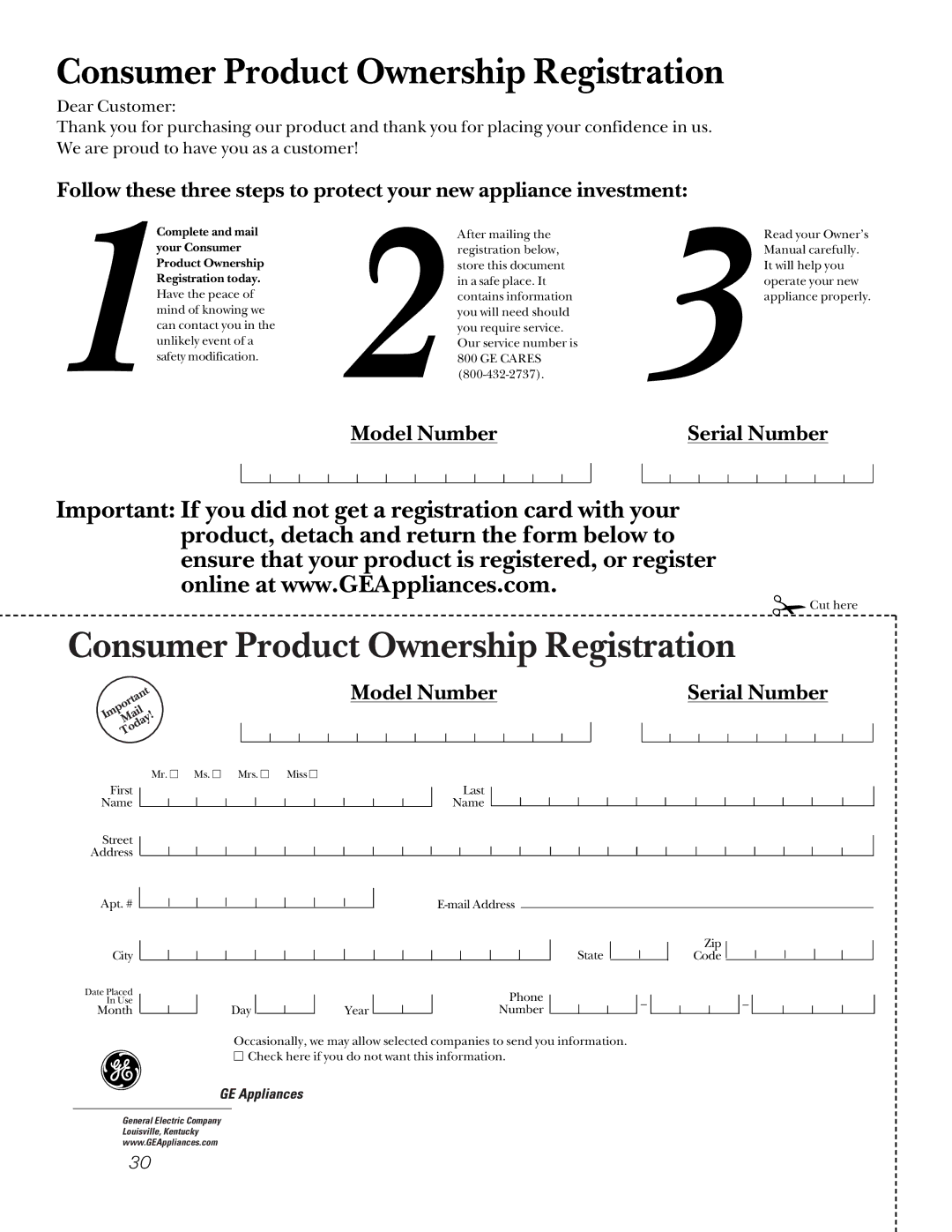 GE JBP65, JBP66, JBP78, JBP64, EER2000, JBP70, EER3000 owner manual Consumer Product Ownership Registration 