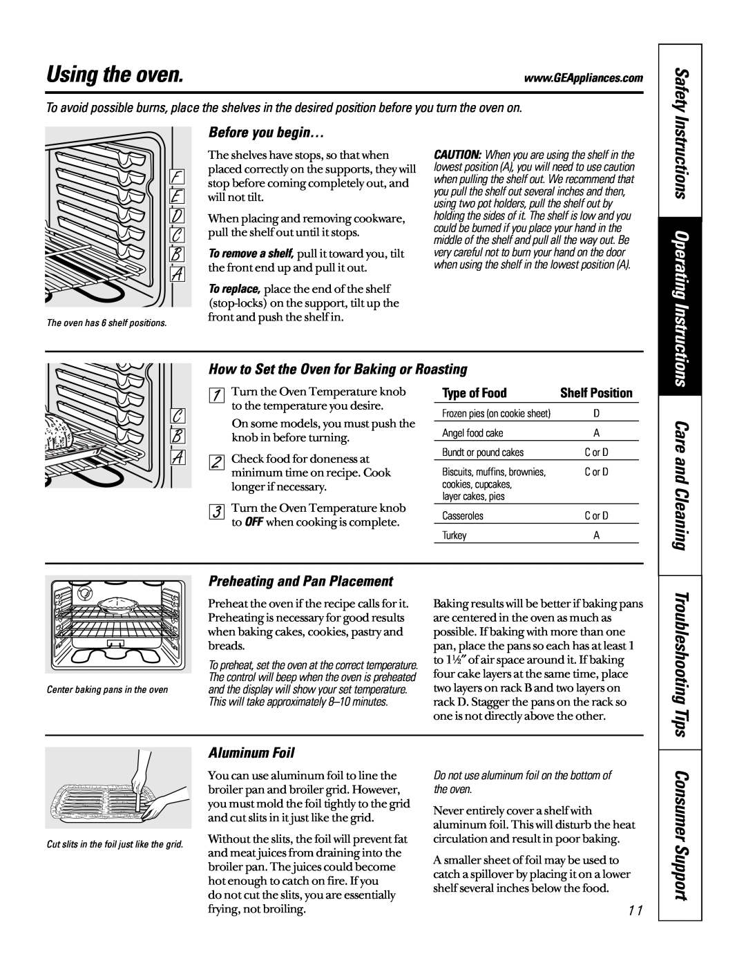 GE EER2000 Using the oven, Consumer Support, Care and Cleaning, Troubleshooting Tips, Before you begin…, Aluminum Foil 