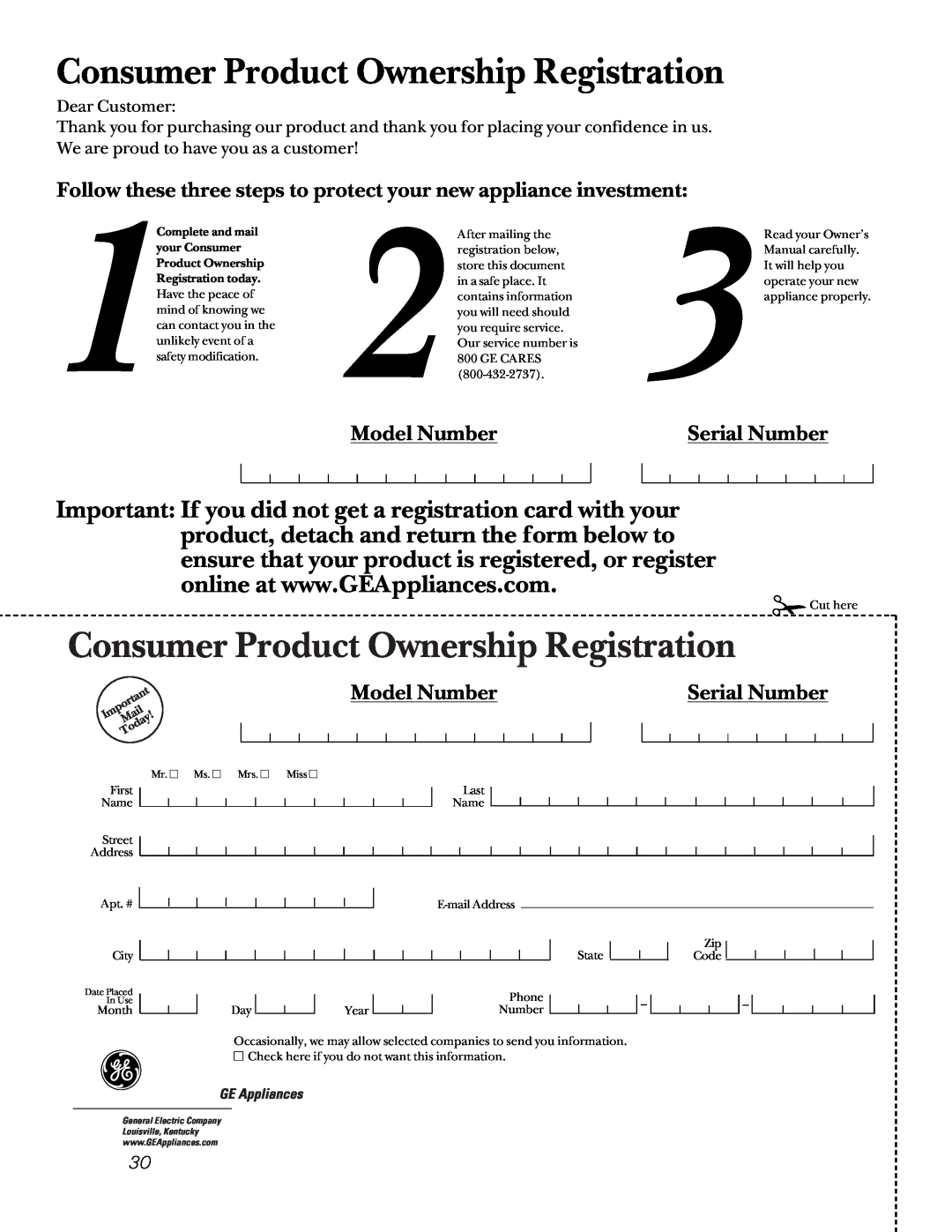 GE JBP65, JBP66, JBP78, JBP64, EER2000, JBP70, EER3000 Model Number, Serial Number, Consumer Product Ownership Registration 