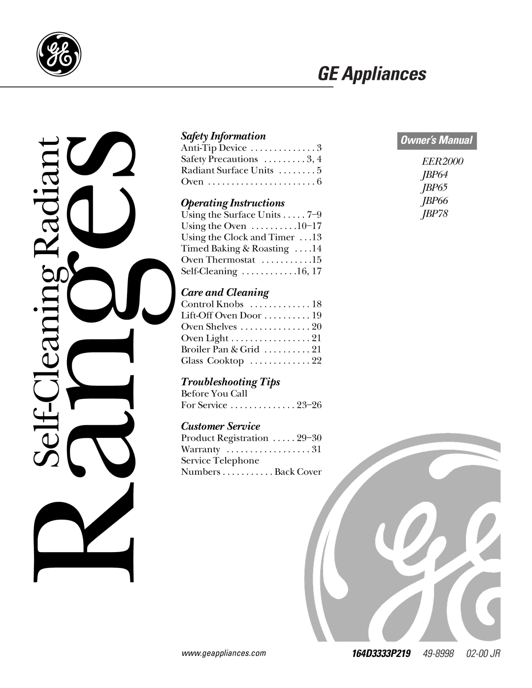 GE JBP78, JBP66, JBP65, JBP64, EER2000 owner manual GE Appliances 