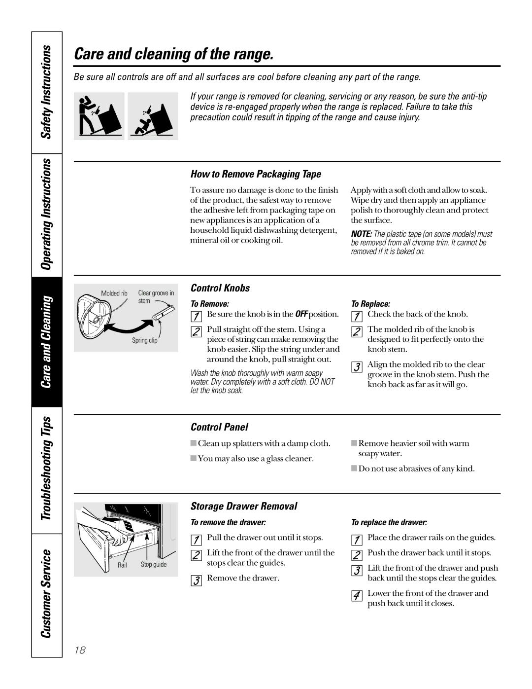 GE JBP64, JBP66, JBP78, JBP65, EER2000 Care and cleaning of the range, Operating Instructions, Troubleshooting Tips 