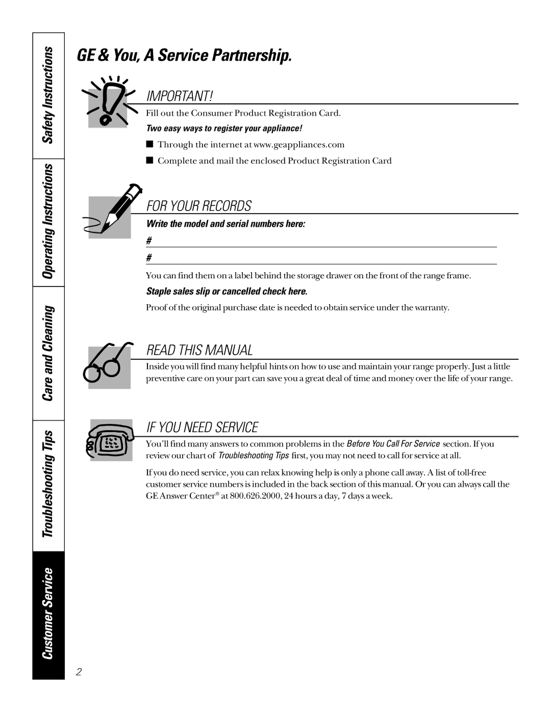 GE JBP65, JBP66, JBP78, JBP64, EER2000 owner manual GE & You, a Service Partnership, Two easy ways to register your appliance 