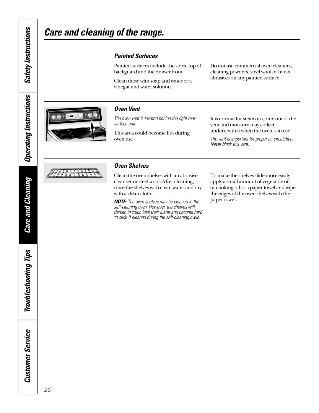 GE JBP66, JBP78, JBP65, JBP64, EER2000 owner manual Operating Instructions, Painted Surfaces, Oven Vent, Oven Shelves 