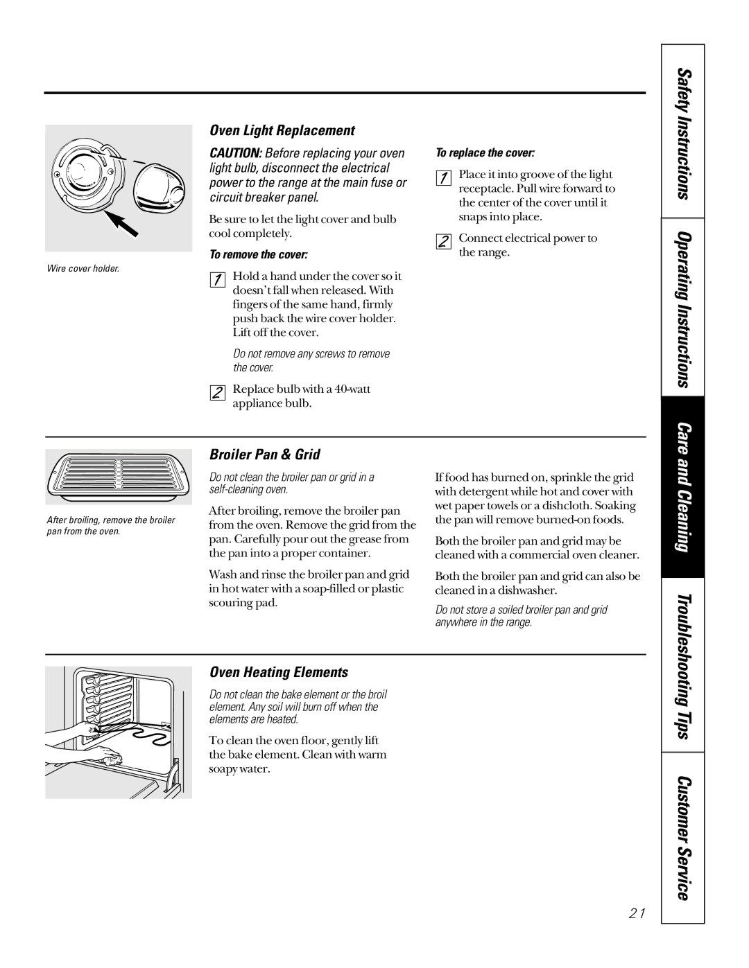 GE JBP78, JBP66, JBP65, JBP64 Safety Instructions Operating Instructions Care, Oven Light Replacement, Broiler Pan & Grid 