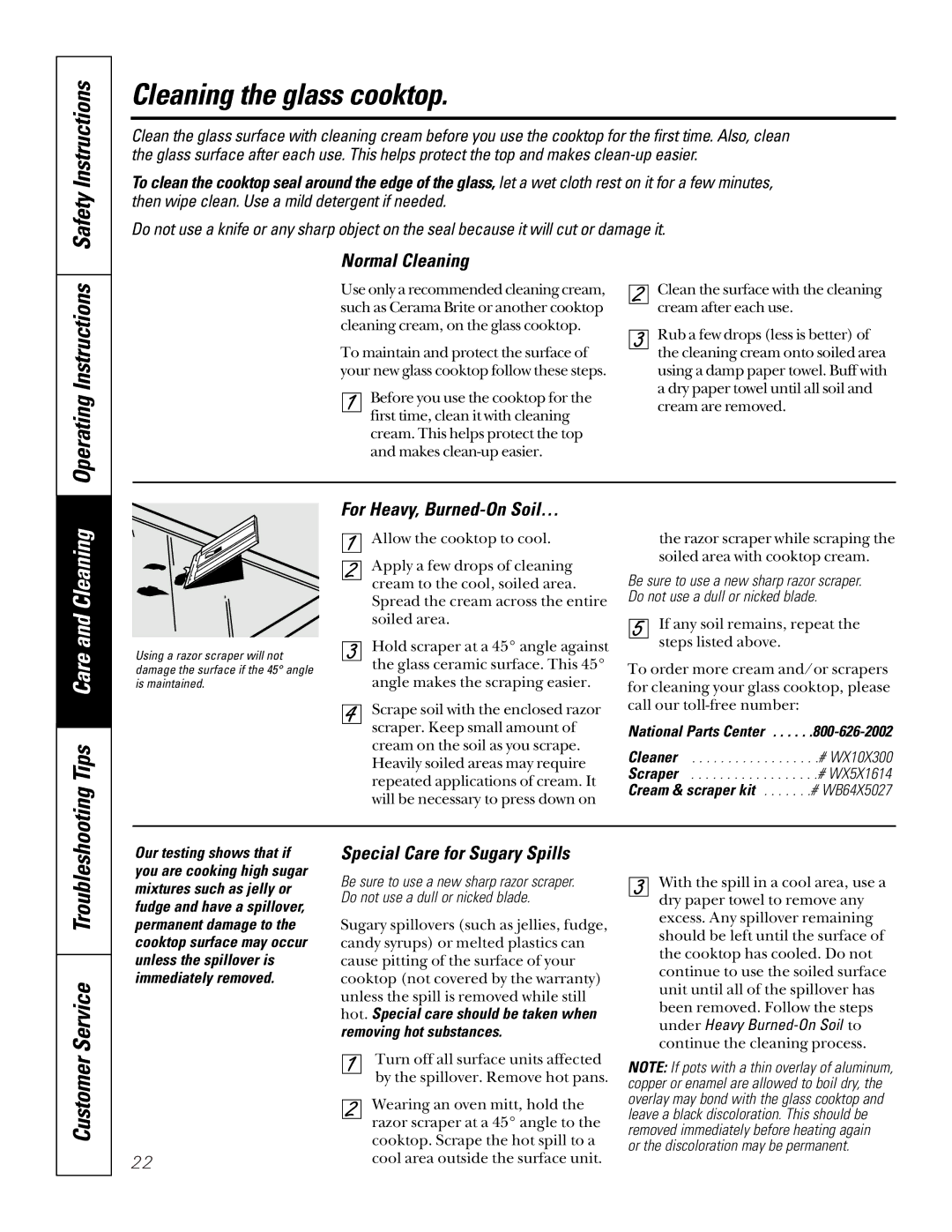 GE JBP65, JBP66 Cleaning the glass cooktop, Customer Service Troubleshooting, Normal Cleaning, For Heavy, Burned-On Soil… 