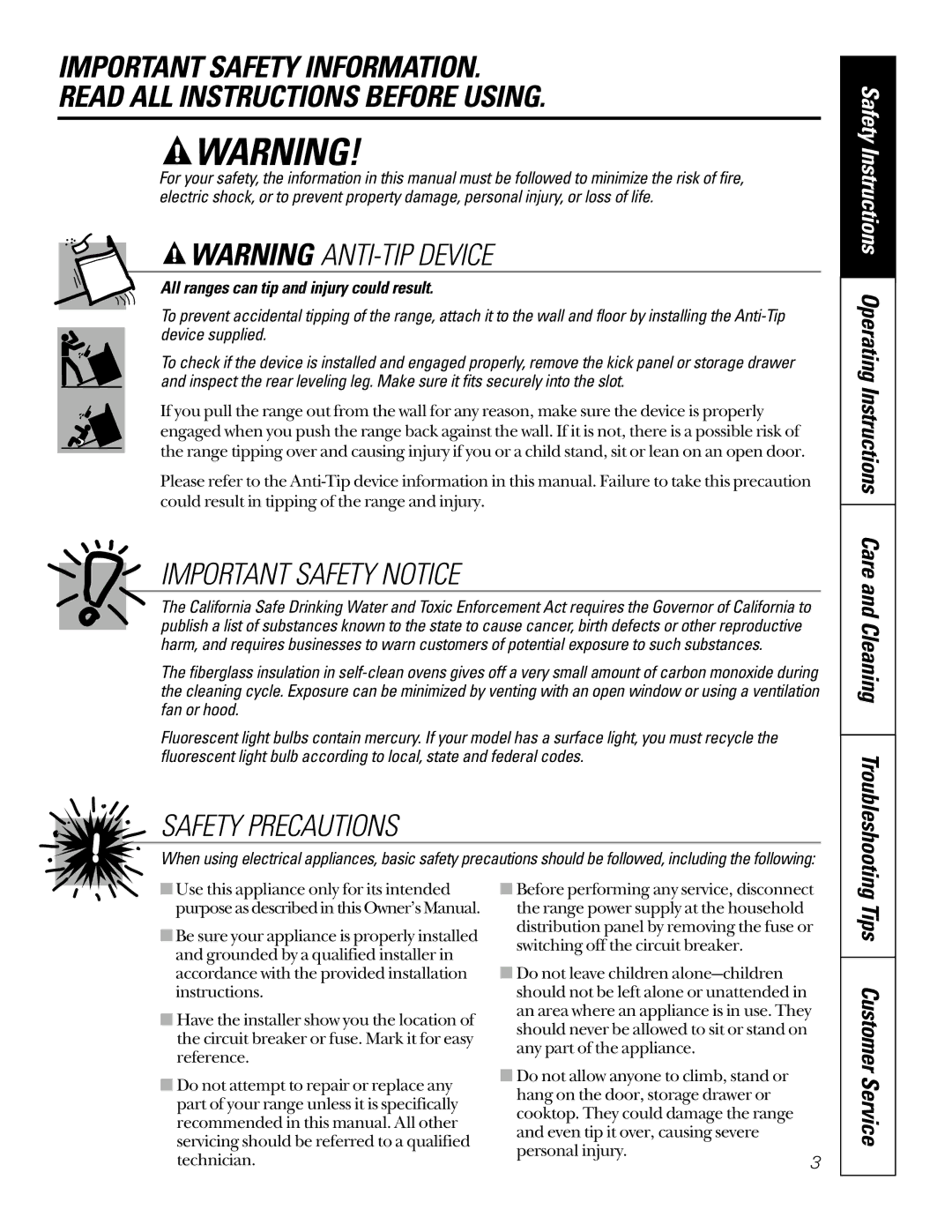 GE JBP64, JBP66, JBP78, JBP65, EER2000 owner manual Important Safety Notice 