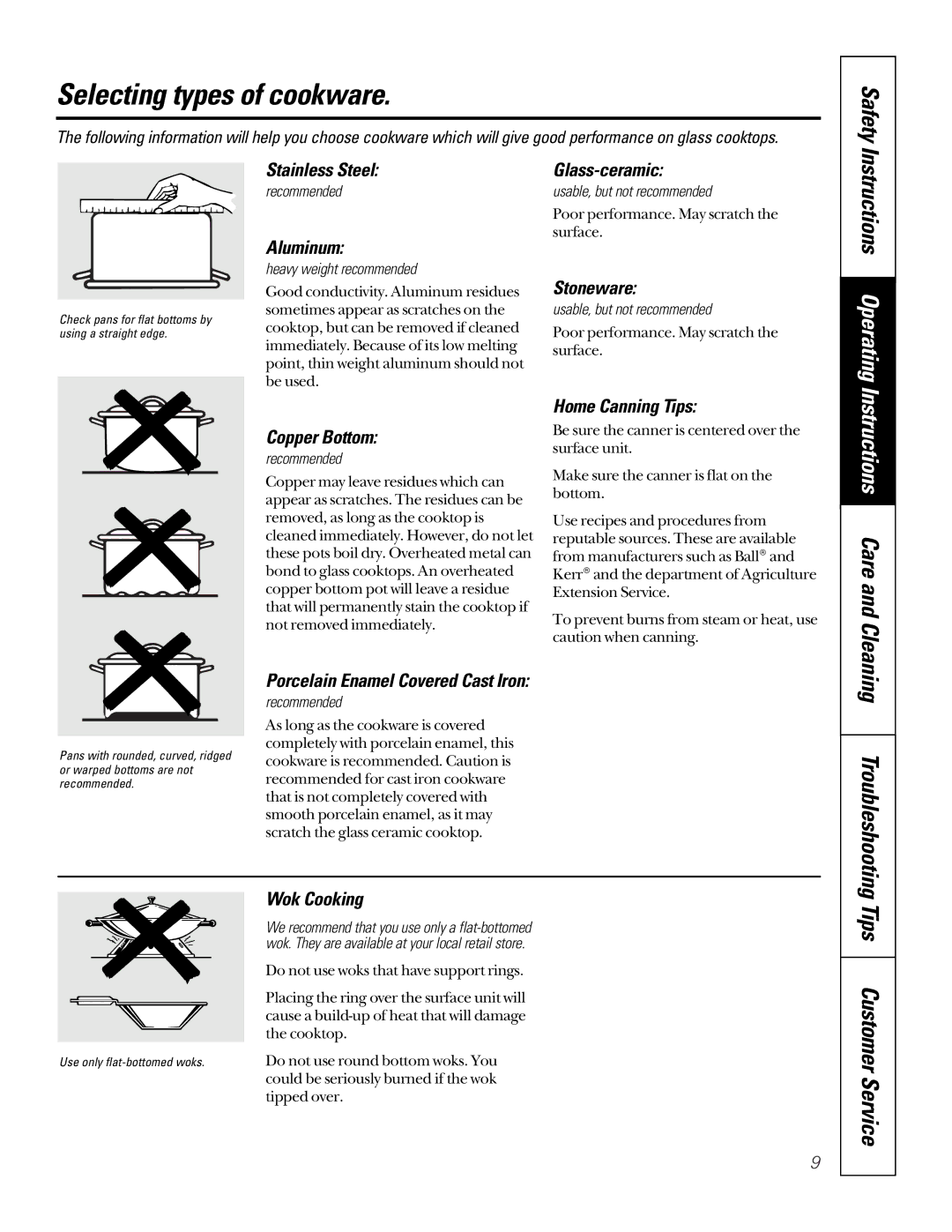 GE EER2000, JBP66 Selecting types of cookware, Instructions Operating, Instructions Care and Cleaning Troubleshooting 