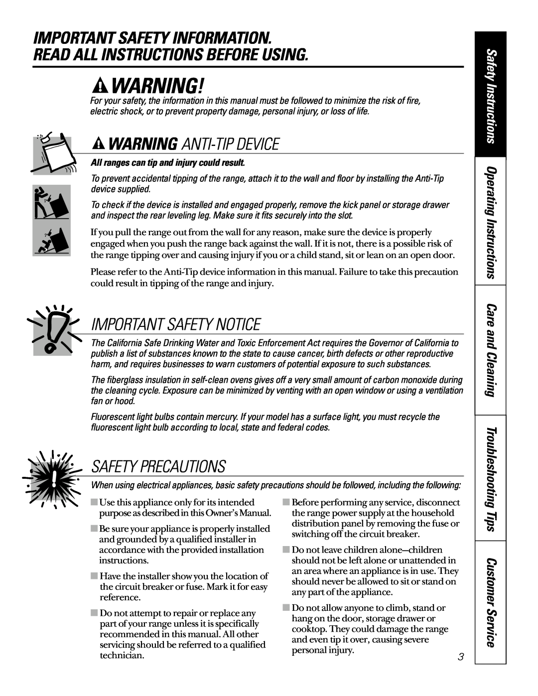 GE JBP64 Important Safety Information Read All Instructions Before Using, Warning Anti-Tip Device, Important Safety Notice 
